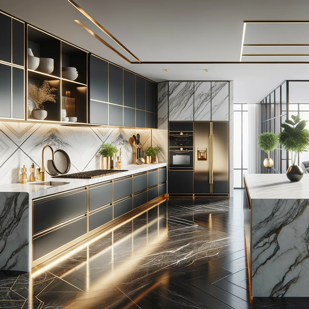 DALL·E 2024-03-19 00.25.23 - A modern, sleek kitchen with high-end appliances and marble countertops. The kitchen is designed with a luxurious and minimalist aesthetic, featuring