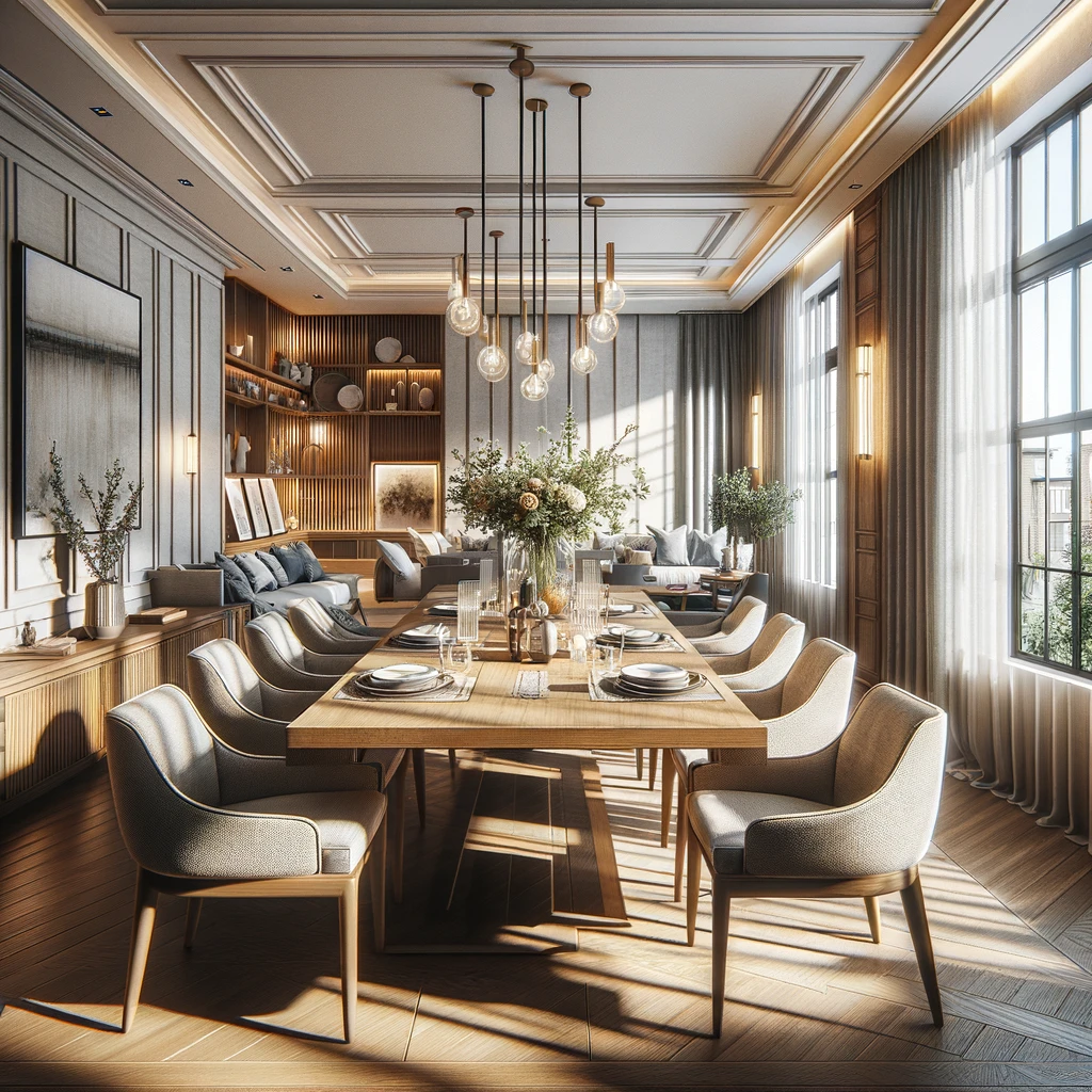 DALL·E 2024-03-19 00.27.33 - A hiper-realistic image of a dining area that combines modern elegance with a touch of traditional warmth. The space features a large, wooden dining t