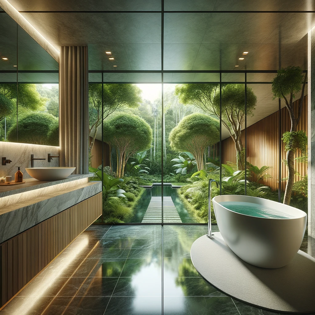 DALL·E 2024-03-19 00.28.12 - A hyper-realistic image of a luxurious bathroom featuring a freestanding bathtub with a view of a lush, private garden through floor-to-ceiling window