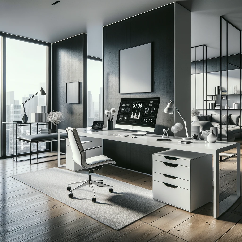 DALL·E 2024-03-19 00.29.53 - A hyper-realistic image of a modern home office, showcasing a minimalist design with clean lines and a monochrome color palette of whites, blacks, and